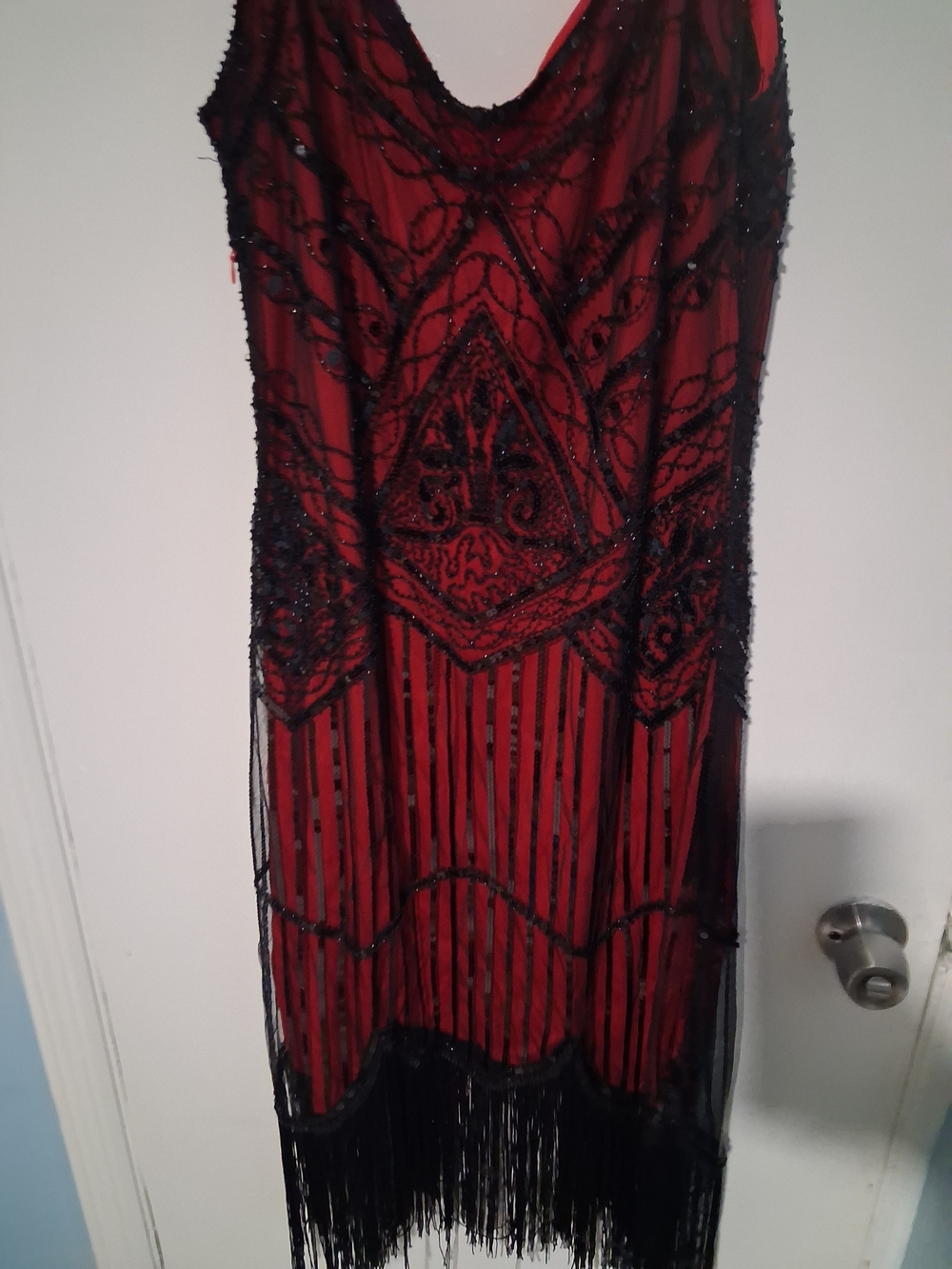 Red Beaded Fringe Slip Dress with Black Embroidery